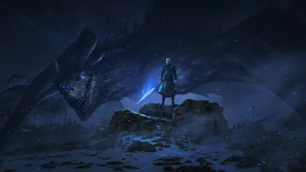 HD desktop wallpaper featuring the Night King from Game of Thrones, standing on a snowy cliff with a glowing blue sword, accompanied by a menacing dragon in the background.