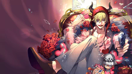 HD desktop wallpaper featuring Donquixote Rosinante (Corazon) from One Piece. He is smoking a cigarette and holding a pistol, with roses in the background.