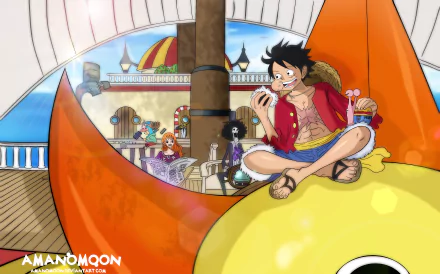 Anime One Piece 8K Ultra HD wallpaper featuring Monkey D. Luffy, Nami, Brook, Tony Tony Chopper, and Sanji eating together on the Thousand Sunny ship.