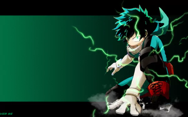 HD desktop wallpaper featuring Izuku Midoriya from My Hero Academia. He has striking green hair and is surrounded by green lightning, readying for action against a minimalist green and black background.