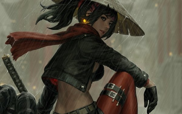Fantasy Samurai Woman Warrior Rain Asian Conical Hat Black Hair Ponytail Glove HD Wallpaper | Background Image