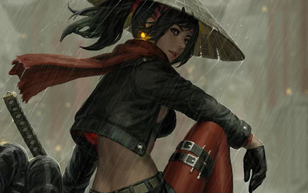 A fantasy woman warrior with black hair in a ponytail wears an Asian conical hat and gloves, sitting in the rain with a samurai sword on her back. HD desktop wallpaper.
