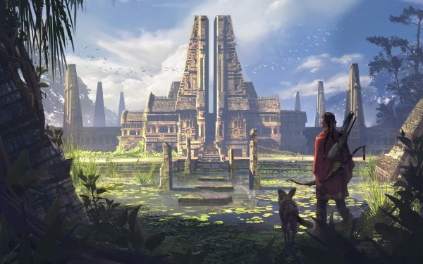 Fantasy Temple Building Dog Hunter HD Wallpaper | Background Image