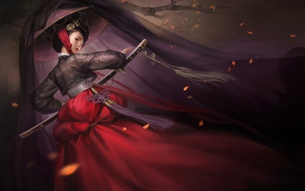 Fantasy Women Warrior Woman Warrior Asian Conical Hat Sword Katana Oriental HD Wallpaper | Background Image