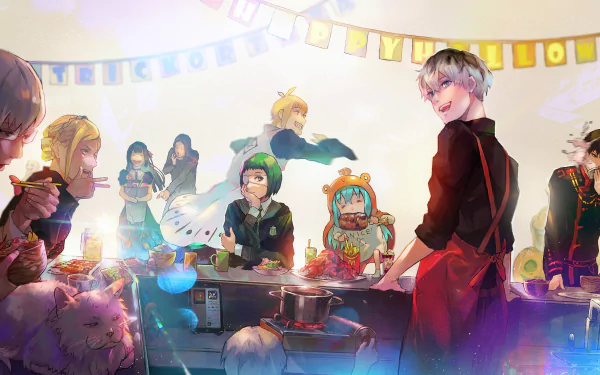A vibrant Halloween party scene featuring characters from Tokyo Ghoul:re, including Ken Kaneki and Haise Sasaki, enjoying food and festivities in a festive atmosphere.