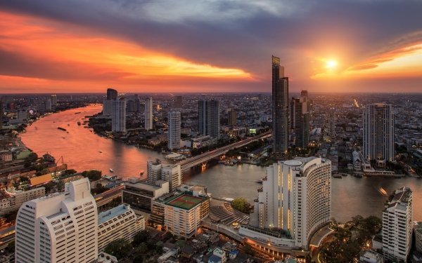 Man Made Bangkok Cities Thailand Sunset River City Cityscape Building Skyscraper HD Wallpaper | Background Image
