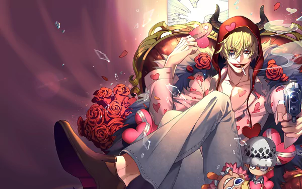 HD desktop wallpaper featuring Donquixote Rosinante (Corazon) from One Piece. He is smoking a cigarette and holding a pistol, with roses in the background.