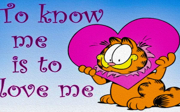 Cartoon comic Garfield holding a big pink heart beside the words To know me is to love me — 4K Ultra HD PC desktop wallpaper background.
