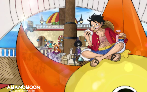 Anime One Piece 8K Ultra HD wallpaper featuring Monkey D. Luffy, Nami, Brook, Tony Tony Chopper, and Sanji eating together on the Thousand Sunny ship.