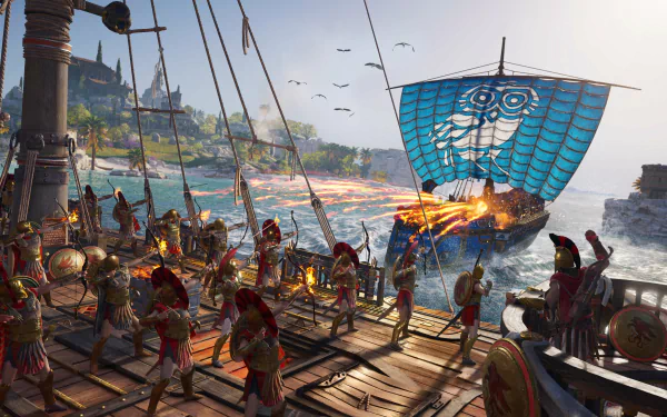 A Spartan archer on a ship prepares for battle at sea in a vivid 4K Ultra HD scene from the video game Assassin's Creed Odyssey.
