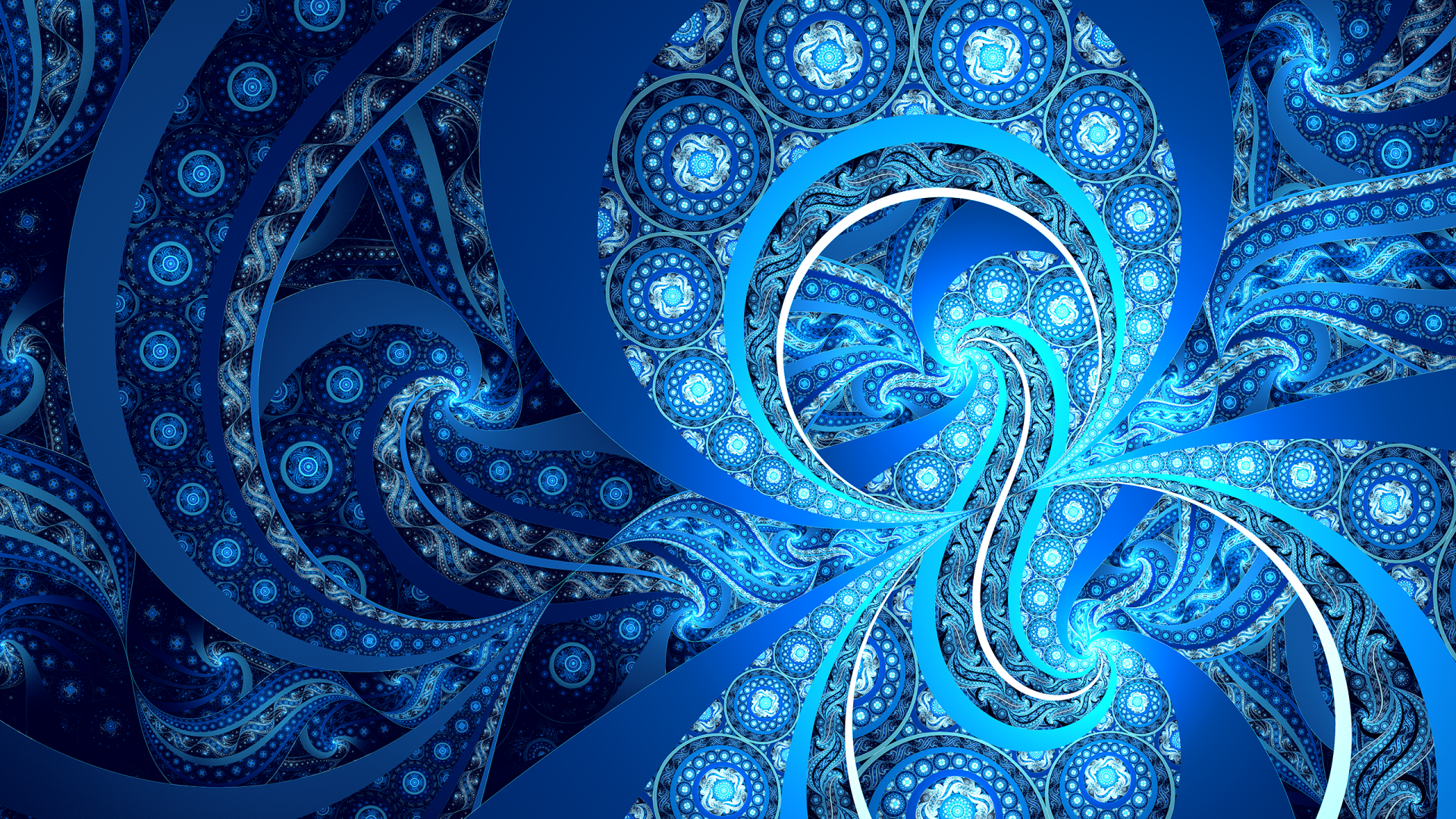 HD PC desktop wallpaper featuring an abstract blue fractal design with intricate swirling patterns and glowing accents.