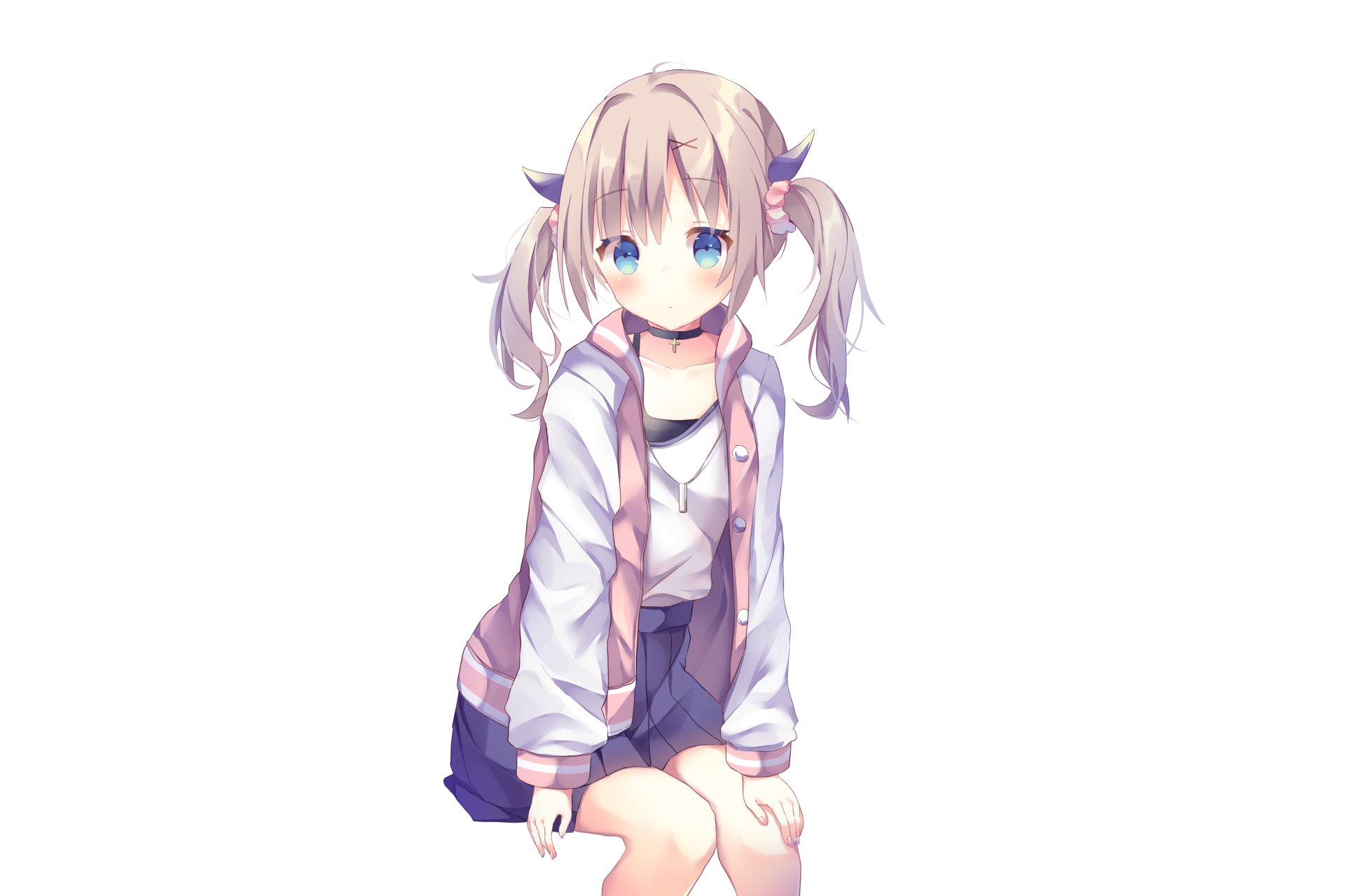 Anime original: cute pigtail girl with blue eyes in a jacket and skirt, seated on a white backdrop — 2K Quad HD PC desktop wallpaper and background.