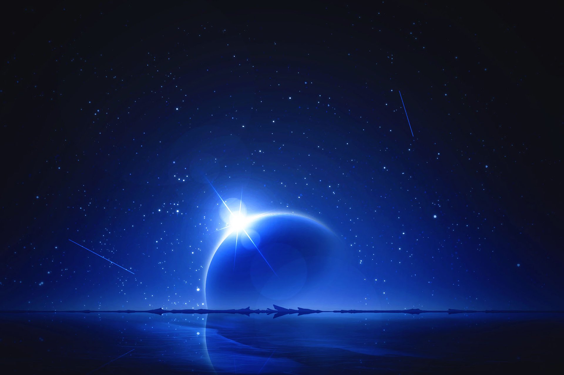 HD wallpaper featuring an anime-inspired night sky with a serene shooting star and a radiant celestial body, set against a starry background.