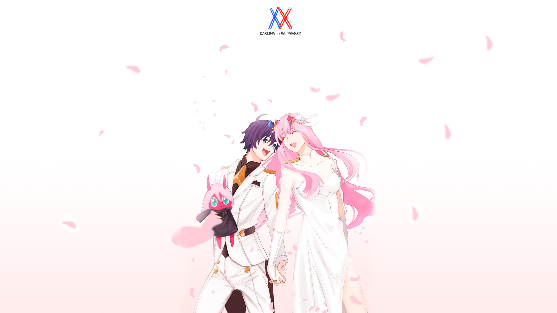 HD desktop wallpaper featuring characters Hiro and Zero Two from the anime Darling in the FranXX, standing together amidst falling cherry blossoms, with the anime title logo at the top.