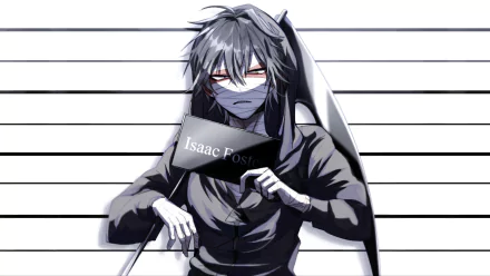 HD desktop wallpaper featuring Zack from the anime Satsuriku no Tenshi (Angels of Death). Zack stands against a lined background, holding a sign with the name Isaac Foster.