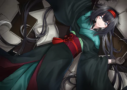 headband book smile glove grey eyes black hair long hair kimono Anime Original HD Desktop Wallpaper | Background Image