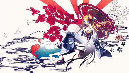 Anime-style 4K Ultra HD wallpaper featuring Rachel Gardner from Angels of Death, surrounded by red blossoms, traditional Japanese patterns, and a vibrant parasol.