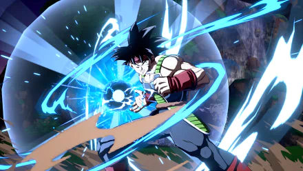 An 8K Ultra HD PC wallpaper featuring Bardock from Dragon Ball FighterZ charging a glowing blue energy attack amidst dynamic battle effects.