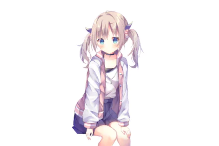 Anime original: cute pigtail girl with blue eyes in a jacket and skirt, seated on a white backdrop — 2K Quad HD PC desktop wallpaper and background.