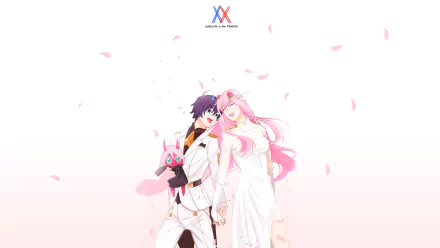 HD desktop wallpaper featuring characters Hiro and Zero Two from the anime Darling in the FranXX, standing together amidst falling cherry blossoms, with the anime title logo at the top.