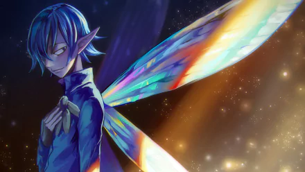 HD desktop wallpaper of Helbram, a character from The Seven Deadly Sins anime, featuring fairy-like pointed ears and vibrant wings, set against a glittering background.
