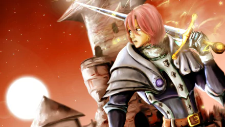 Gilthunder from The Seven Deadly Sins stands in armor against a fiery orange sky, captured in a detailed 4K Ultra HD anime desktop wallpaper.