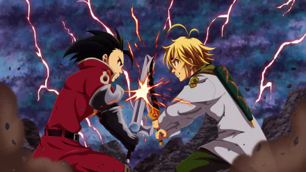 An intense HD desktop wallpaper featuring Meliodas and Zeldris from The Seven Deadly Sins clashing swords under a stormy, lightning-filled sky.