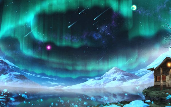 Anime Original Snow Landscape Night Shooting Star Aurora Borealis House Mountain HD Wallpaper | Background Image