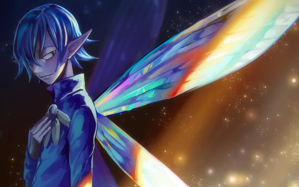 HD desktop wallpaper of Helbram, a character from The Seven Deadly Sins anime, featuring fairy-like pointed ears and vibrant wings, set against a glittering background.