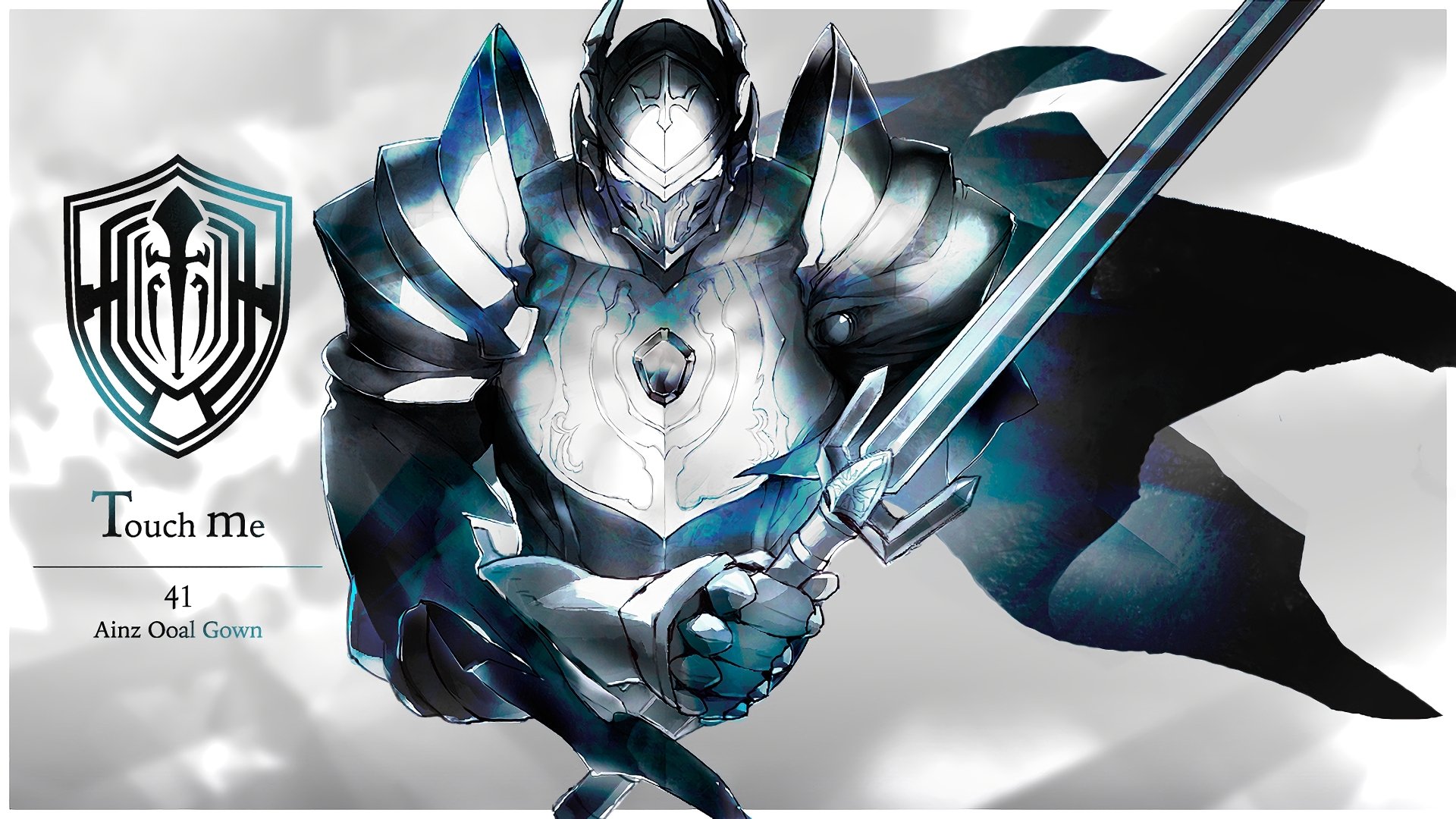 HD desktop wallpaper featuring an armored anime character, Touch Me from Overlord, wielding a sword and wearing a helmet. The background showcases the Overlord emblem and the name Touch Me in the design.