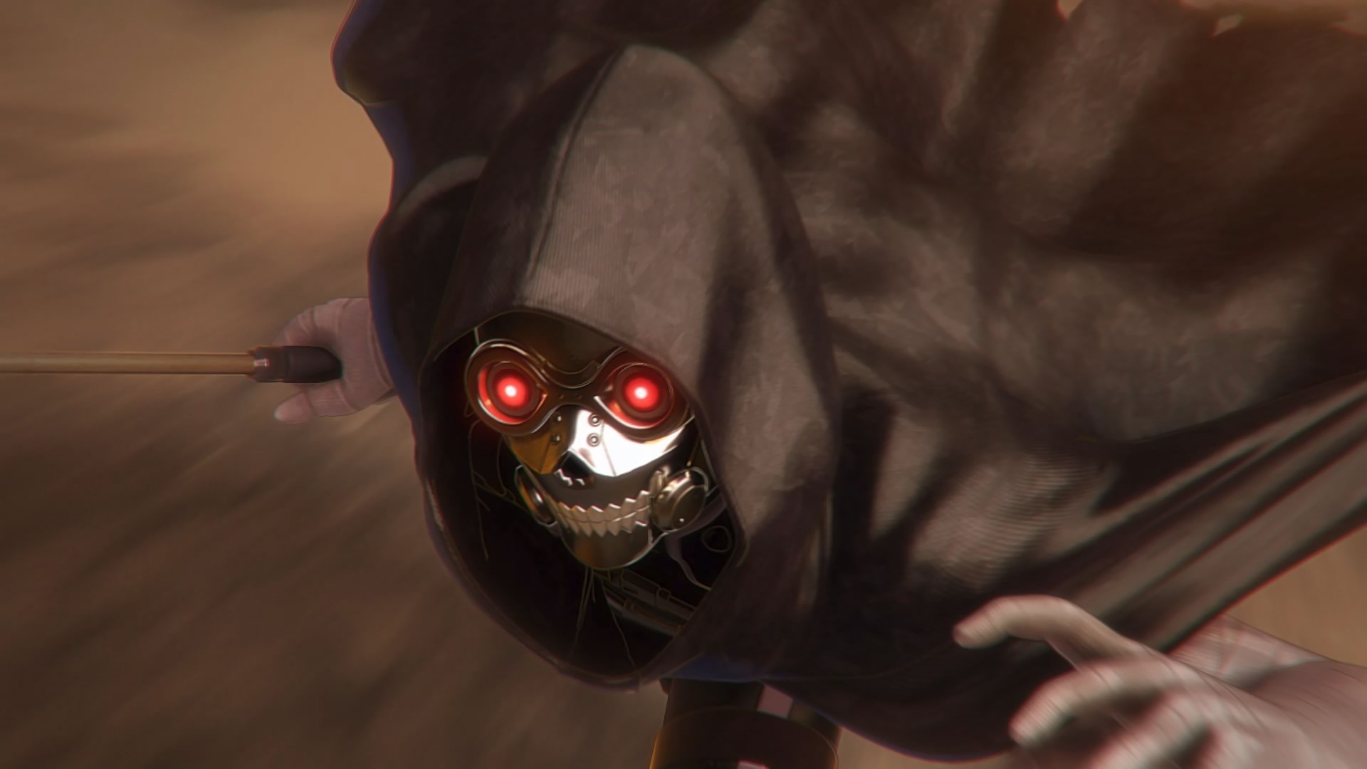 HD desktop wallpaper featuring Death Gun from Sword Art Online II, showcasing a sinister figure with red glowing eyes and a skull-like mask, wielding a sword in an intense action scene from Sword Art Online: Fatal Bullet.