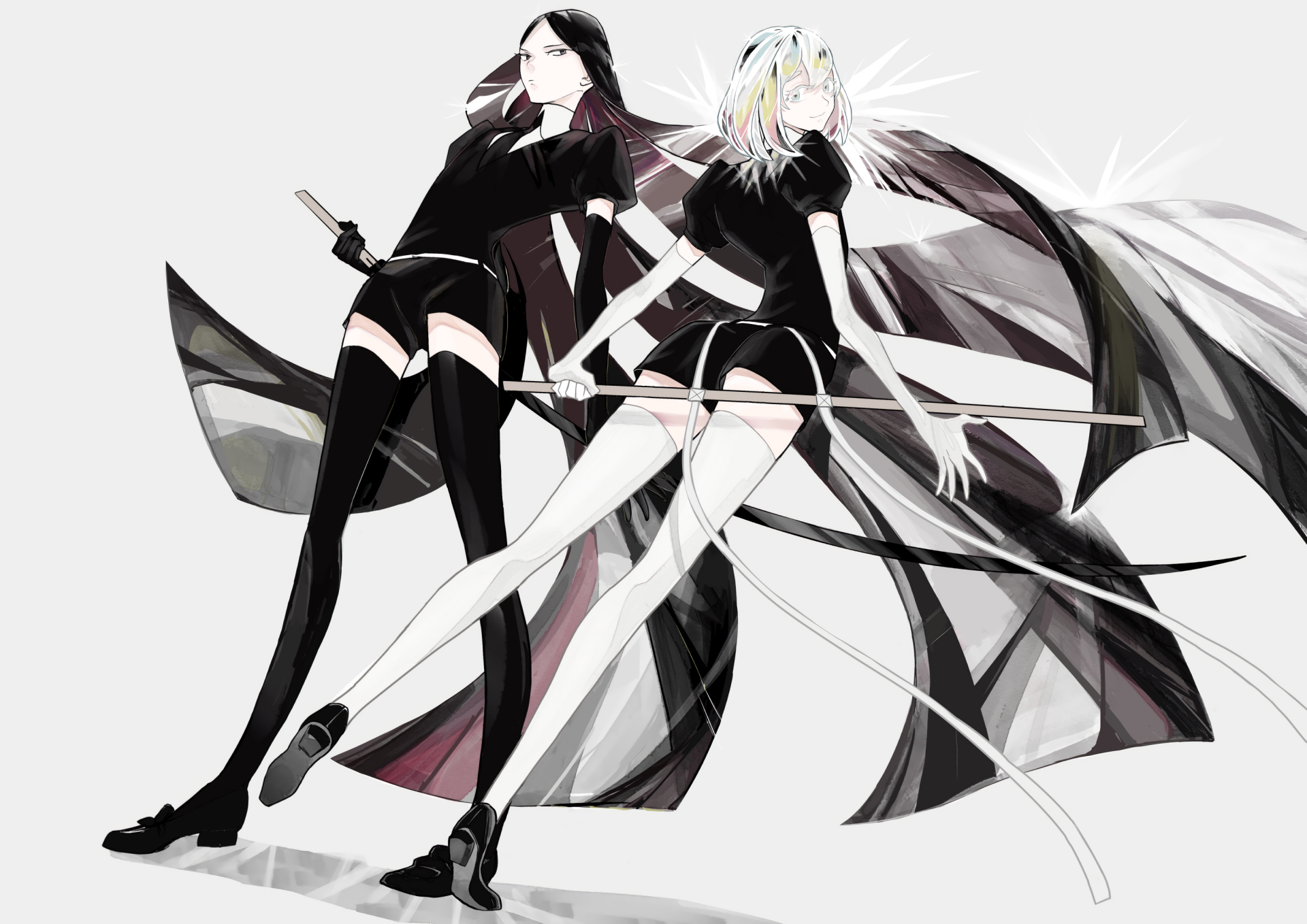 Stylized 2K Quad HD desktop wallpaper of Diamond and Bort from anime Land of the Lustrous: two androgynous gem warriors in black-and-white outfits and flowing capes, dynamic mirrored pose.
