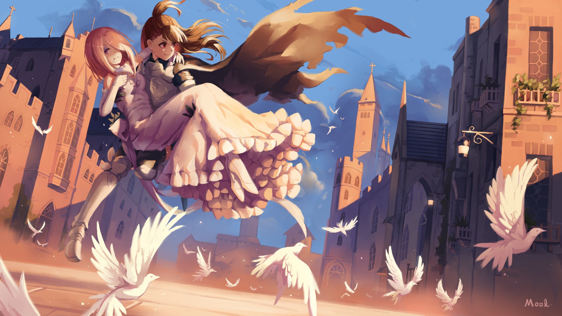 4K Ultra HD anime desktop wallpaper featuring Sucy Manbavaran and Atsuko Kagari from Little Witch Academia soaring above a town with white doves flying around.