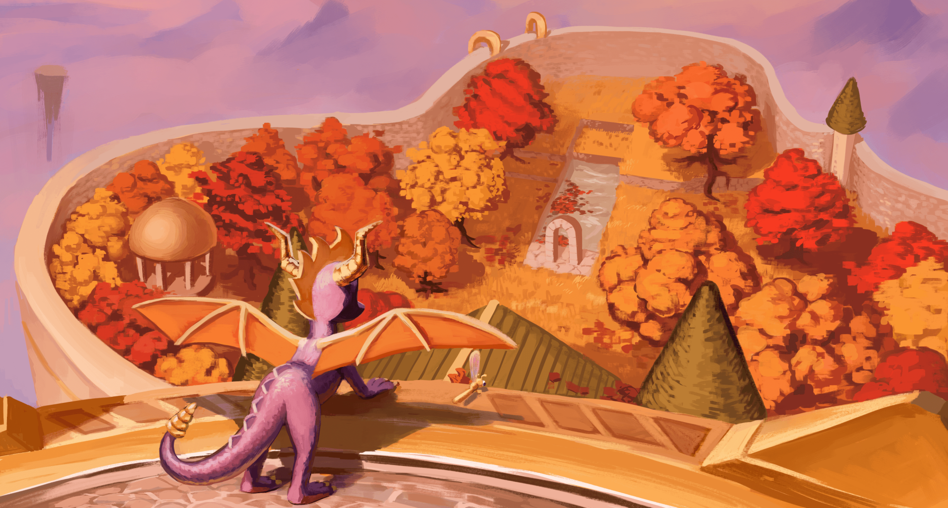 Spyro the purple dragon gazes over an autumnal walled kingdom with orange trees and a distant tower — 2K Quad HD video game PC desktop wallpaper/background.