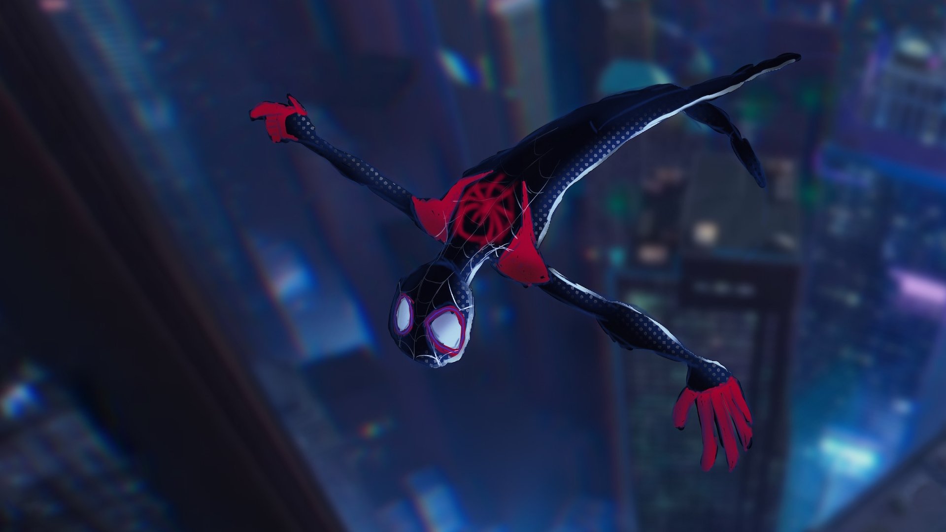4K Ultra HD PC desktop wallpaper/background: Miles Morales' Spider-Man from Spider-Man: Into The Spider-Verse dives through a neon-lit cityscape.