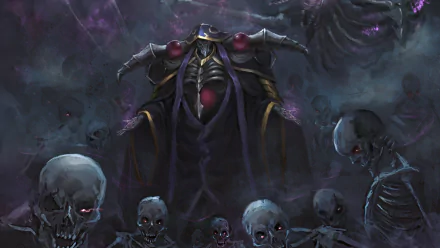 HD wallpaper featuring Ainz Ooal Gown from the anime Overlord, surrounded by eerie skeletons and dark, mystical ambiance.