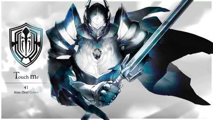 HD desktop wallpaper featuring an armored anime character, Touch Me from Overlord, wielding a sword and wearing a helmet. The background showcases the Overlord emblem and the name Touch Me in the design.