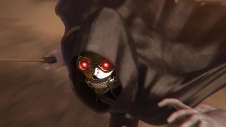 HD desktop wallpaper featuring Death Gun from Sword Art Online II, showcasing a sinister figure with red glowing eyes and a skull-like mask, wielding a sword in an intense action scene from Sword Art Online: Fatal Bullet.