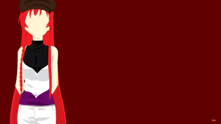 Minimalist HD PC desktop wallpaper from The Devil Is a Part-Timer! — faceless red-haired anime heroine in white outfit, black top and purple sash standing against a deep red background.
