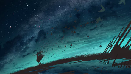 Anime-style art of a lone figure on a hill at night with a backdrop of a starry sky. Birds flock in the distance, creating a serene night scene. Original HD desktop wallpaper and background image.
