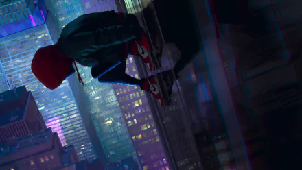 HD wallpaper from the movie Spider-Man: Into The Spider-Verse, featuring Spider-Man overlooking a neon-lit cityscape at night.