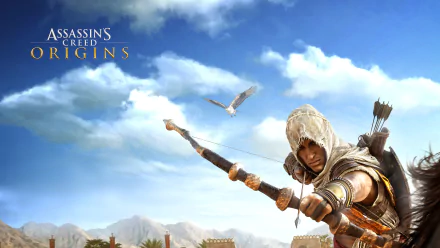 Bayek of Siwa aiming his bow against a bright sky in an 8K Ultra HD Assassin's Creed Origins video game wallpaper for PC desktop background.