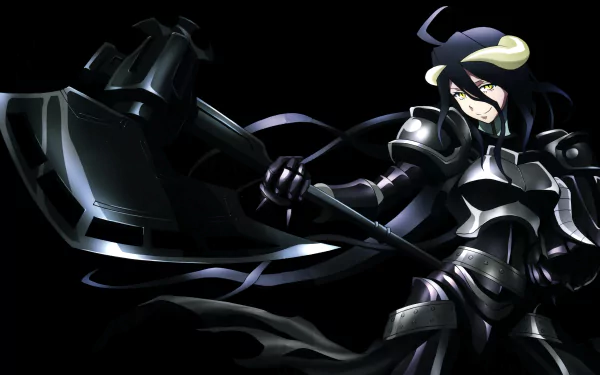 HD desktop wallpaper featuring Albedo from the anime Overlord, wielding a large axe against a dark background.