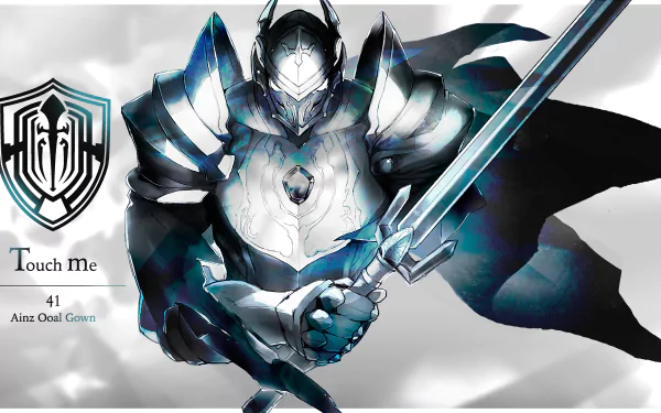 HD desktop wallpaper featuring an armored anime character, Touch Me from Overlord, wielding a sword and wearing a helmet. The background showcases the Overlord emblem and the name Touch Me in the design.