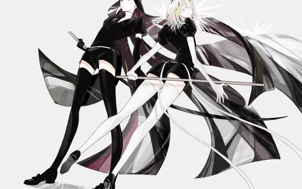 Stylized 2K Quad HD desktop wallpaper of Diamond and Bort from anime Land of the Lustrous: two androgynous gem warriors in black-and-white outfits and flowing capes, dynamic mirrored pose.