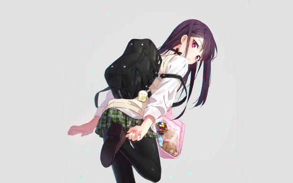 Anime Original Purple Hair Bag Long Hair School Uniform Skirt Teddy Bear Boots Pink Eyes Thigh Highs HD Wallpaper | Background Image