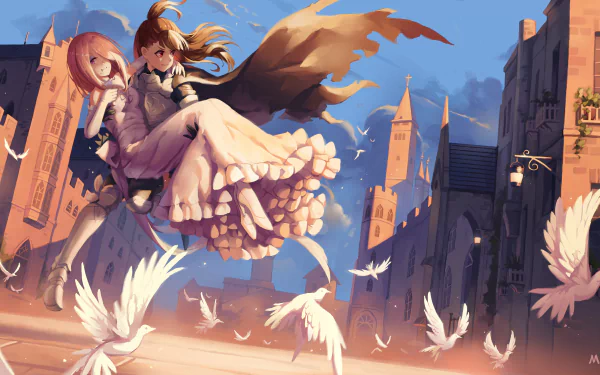 4K Ultra HD anime desktop wallpaper featuring Sucy Manbavaran and Atsuko Kagari from Little Witch Academia soaring above a town with white doves flying around.