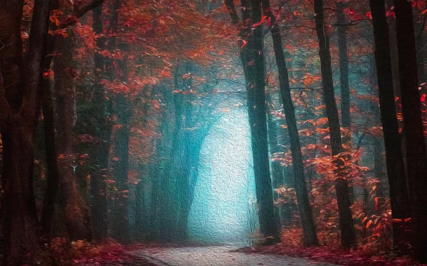 Oil painting-style 4K Ultra HD wallpaper of a foggy fall forest with a man-made road winding through vibrant red and orange trees.