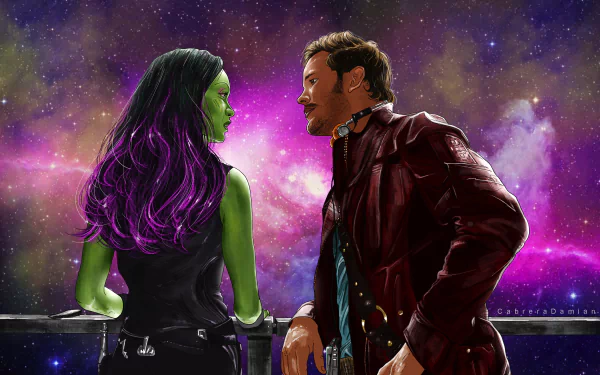 HD PC desktop wallpaper featuring Gamora (Zoe Saldana) and Star-Lord (Chris Pratt) from the movie Guardians of the Galaxy against a vibrant cosmic background.