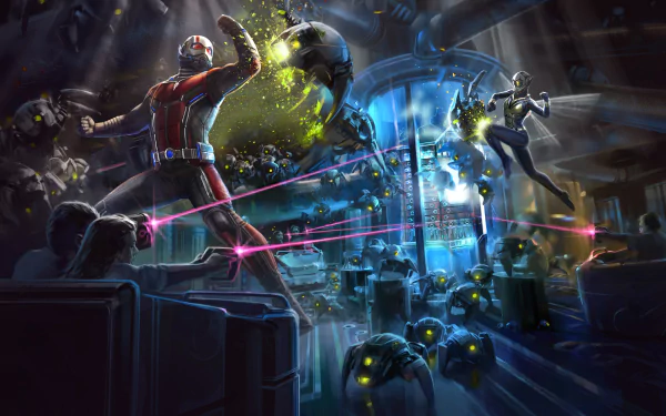 HD wallpaper featuring Ant-Man (Scott Lang) and the Wasp (Hope Van Dyne) battling robotic enemies in an intense action scene from the movie Ant-Man and the Wasp.